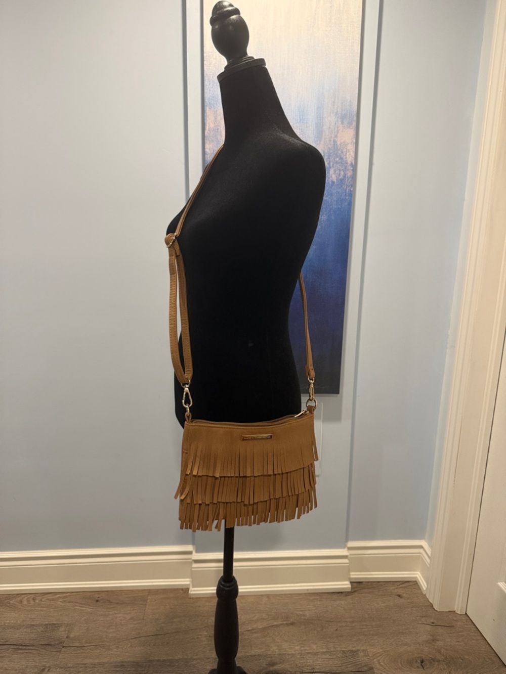 Fringed Tan Crossbody Bag with Adjustable Strap
